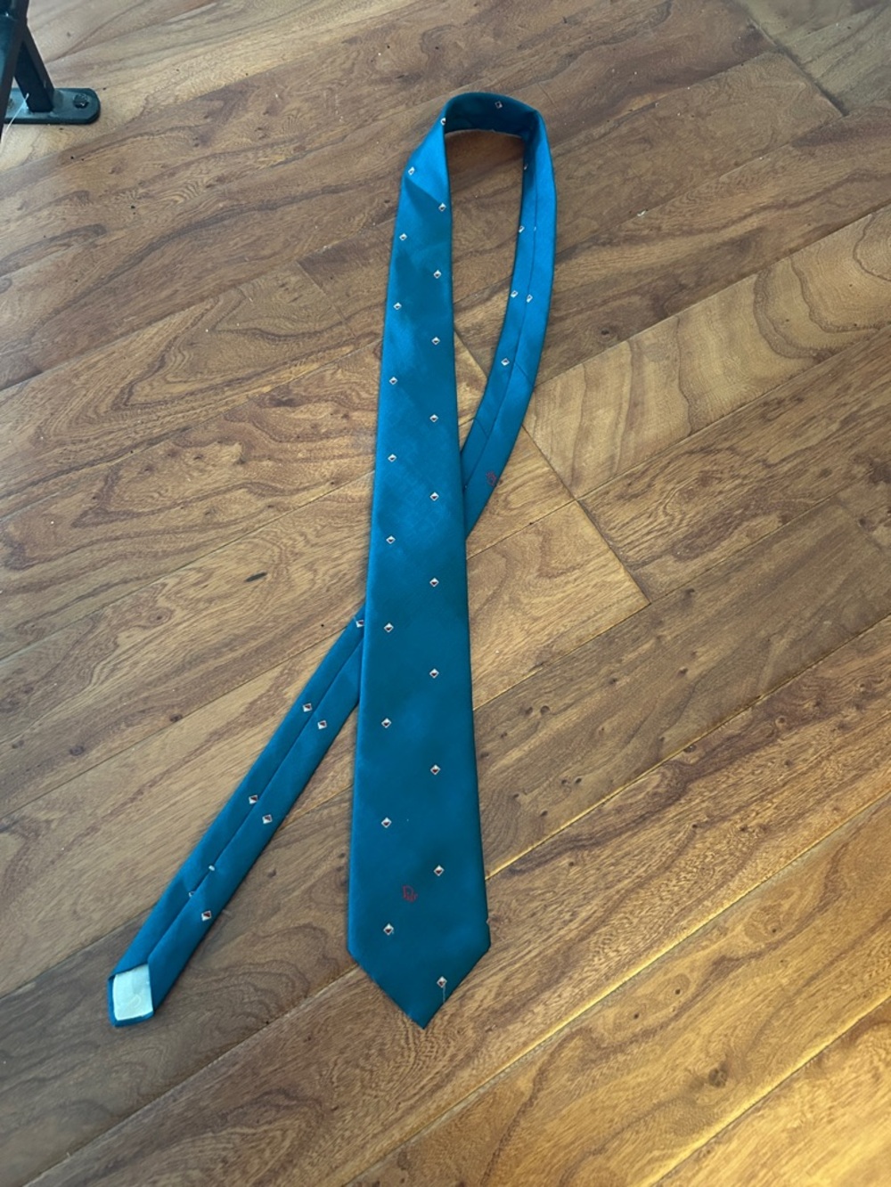 Christian Dior Vintage Logo Stamped Teal  Diamond Patterned Tie Made in USA - Picture 2 of 6
